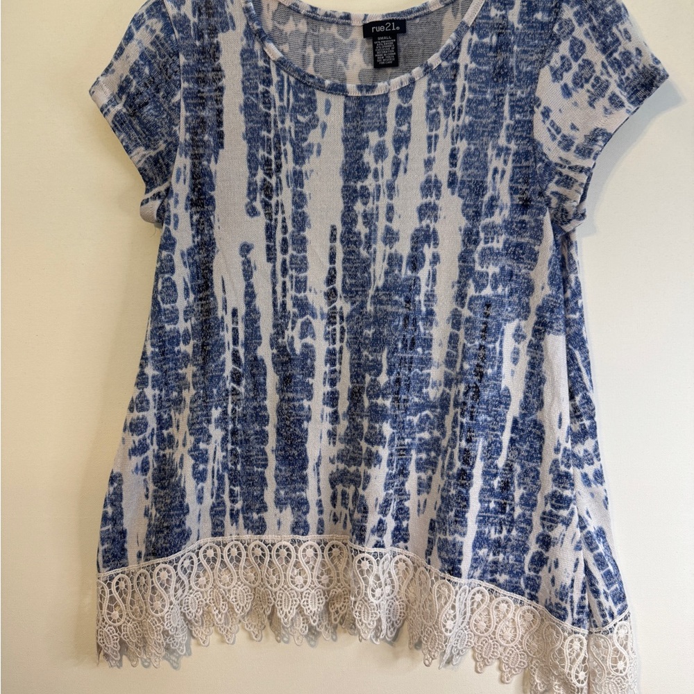 Rue21 Blue and White Boxy Blouse with Embellished Hem